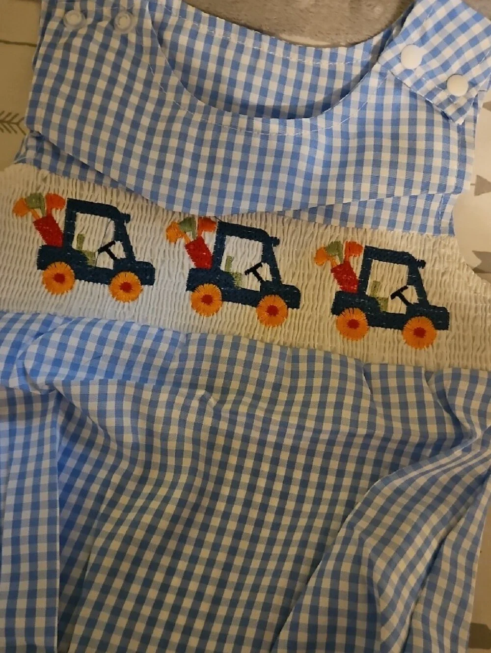 Blue Gingham Smocked Golf Cart Baby Bubble Romper 3-6months NWOT